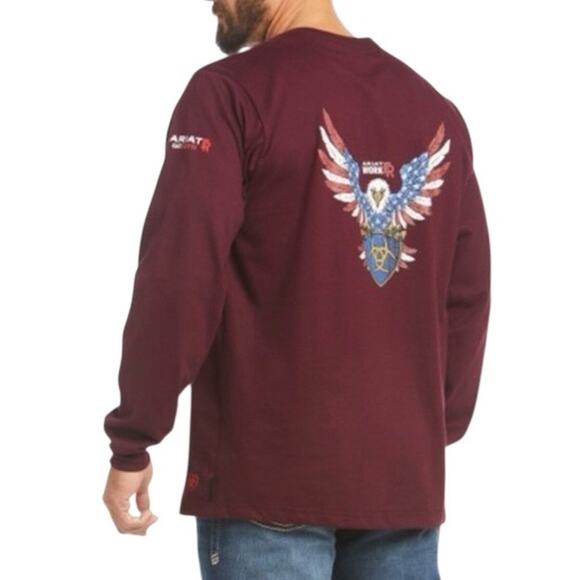 ARIAT Mens Flame Resistant American Raptor Long Sleeve Work T-shirt Burgundy - Picture 1 of 16